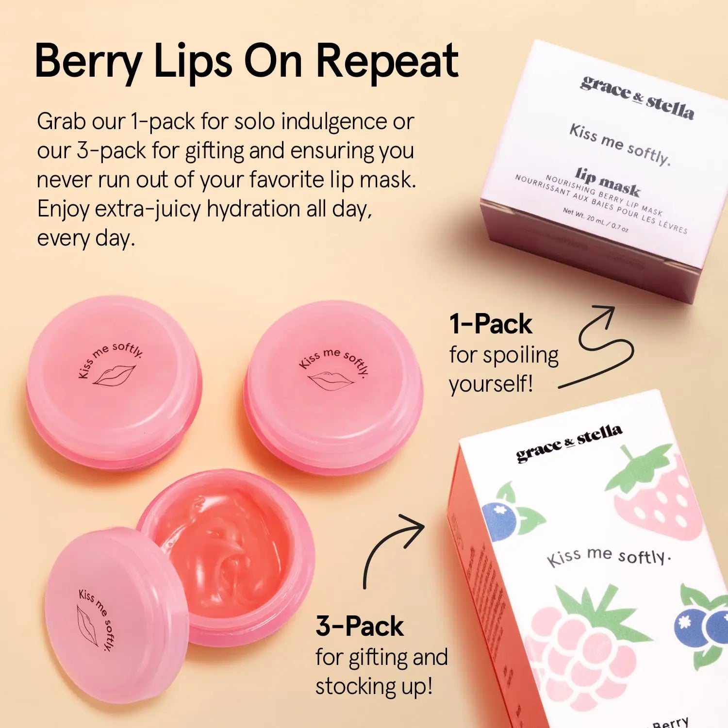 Grace & Stella Kiss Me Softly Nourishing Berry Lip Balm Hydrating - Vegan (20ml, 3-Pack) Pack of 3